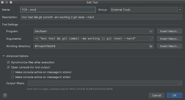 IntelliJ External Tool Edit Screen