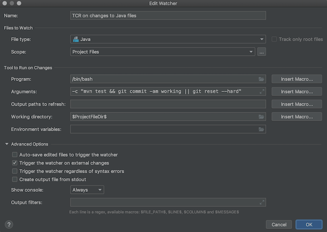 IntelliJ File Watcher Edit Screen